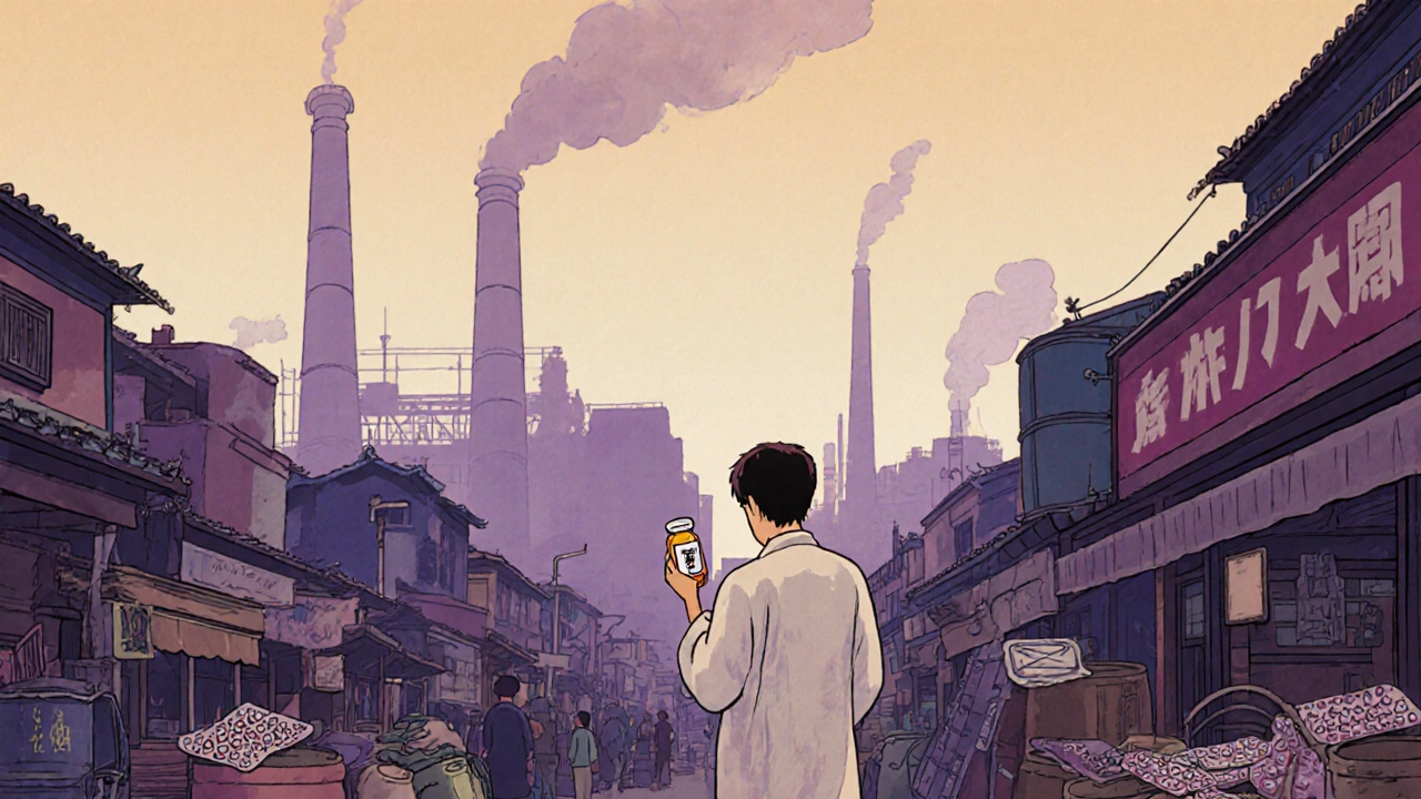 A person holds a pill bottle as ghostly images of pollution rise behind them in a bustling city market.