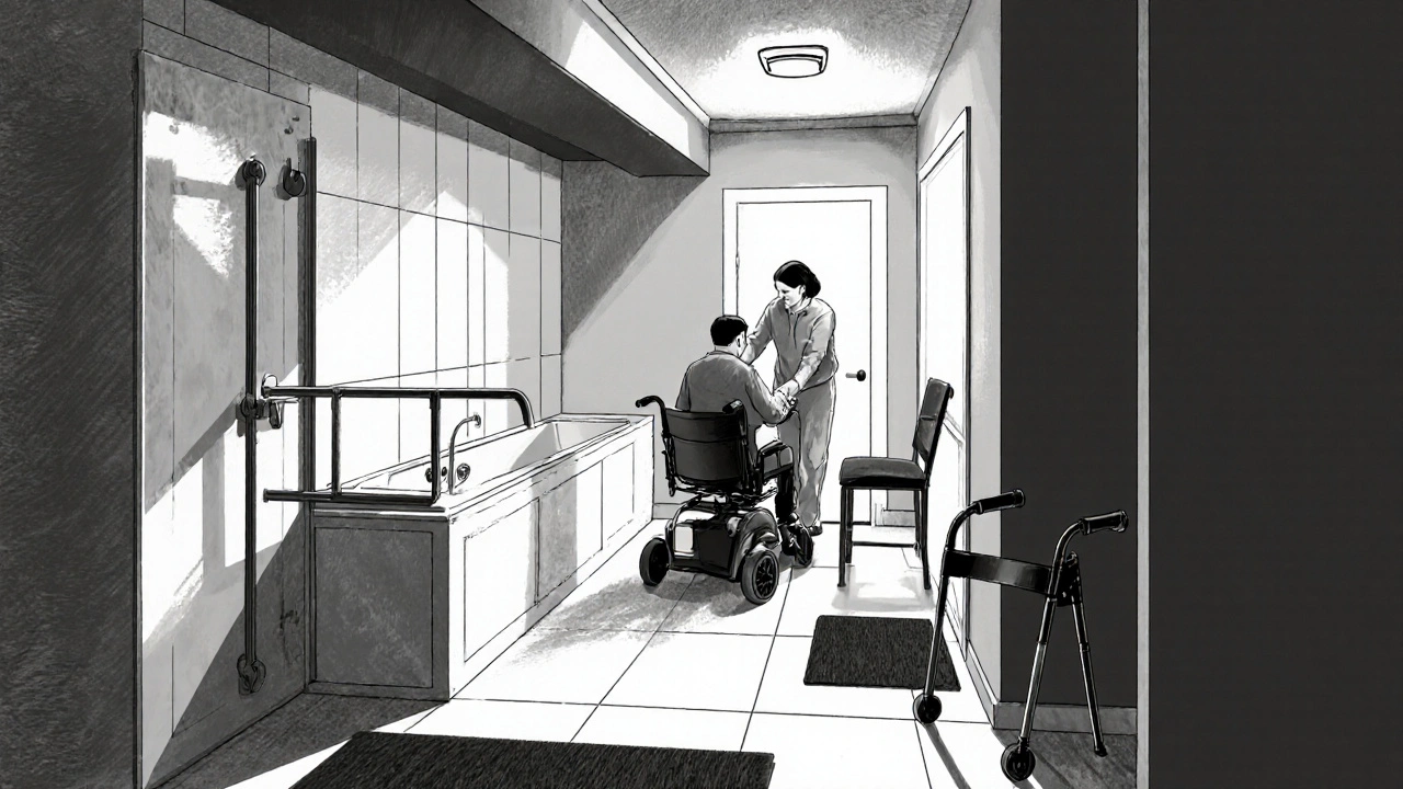Adapted home with grab bars, wheelchair, and family assisting a person with MS.