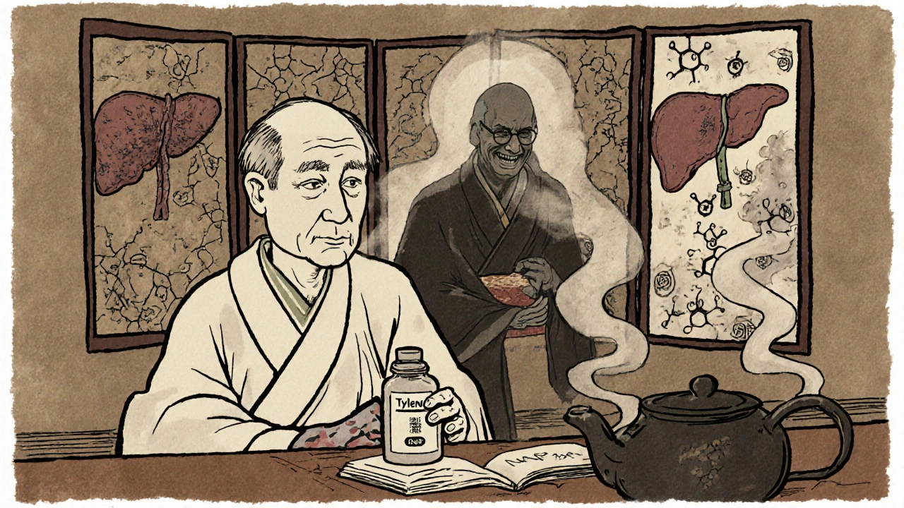 An elderly man with Tylenol as a ghostly alcohol spirit rises behind him, liver turning black.