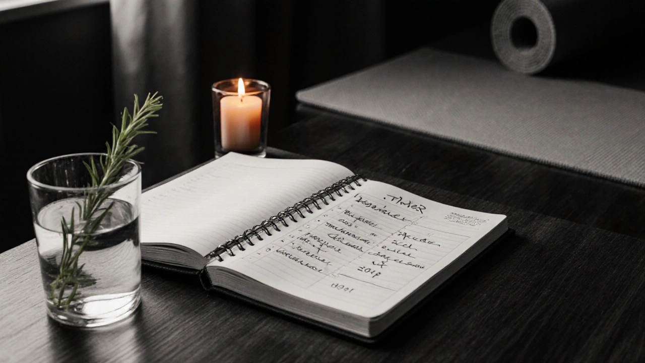 Calm home scene with journal taper plan, water glass, green sprig, and yoga mat.