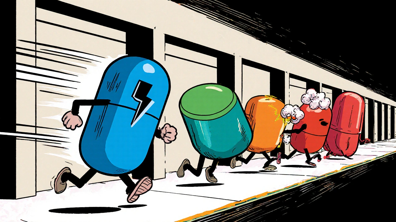 Comic‑style race of five pill characters showing speed and drowsiness differences.