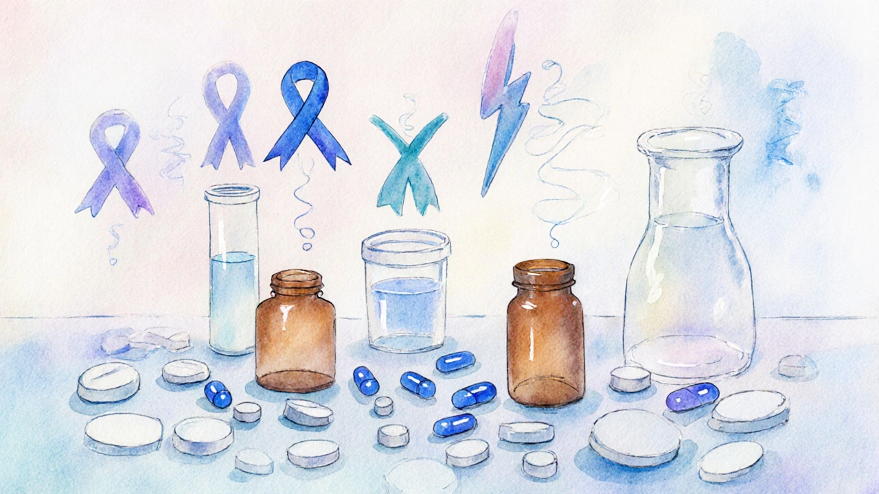 Countertop with various antiemetic tablets, capsules, ampoules, and vials with abstract symbols.