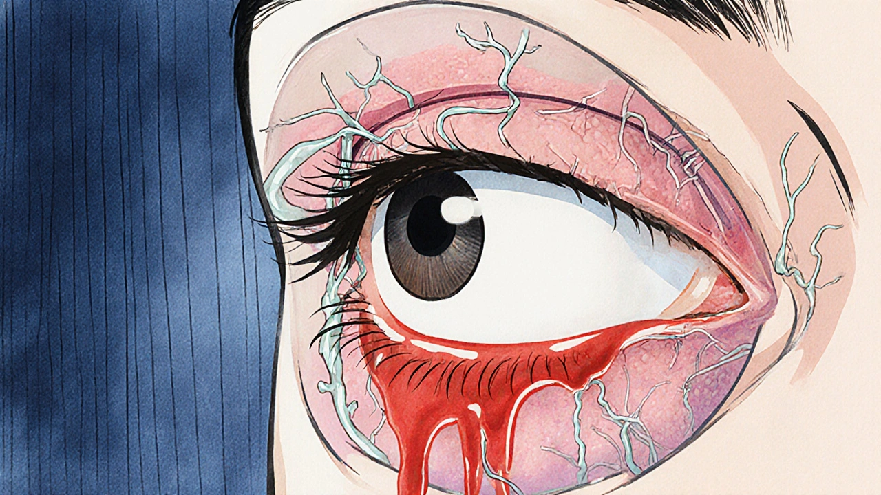 Cross‑section eye showing leaky capillaries and fluid pooling around eyelid.
