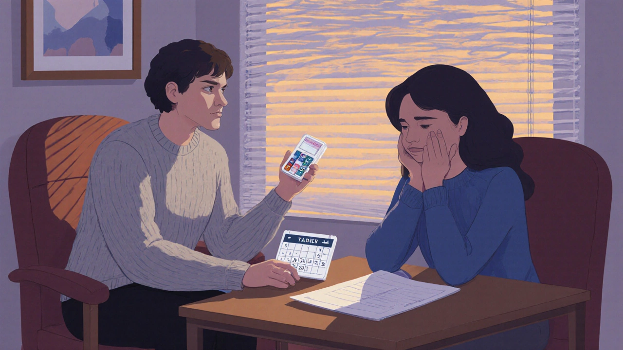 Doctor and patient discussing medication switch in a warmly lit office.