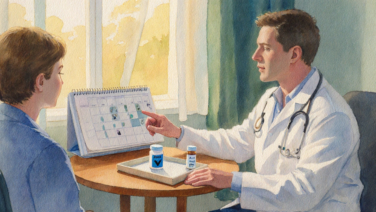 Doctor and patient discussing medication switch over a calendar in a warm office.