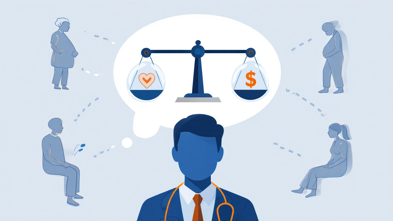 Doctor silhouette thinking, with scales showing heart, cost, and efficacy icons.