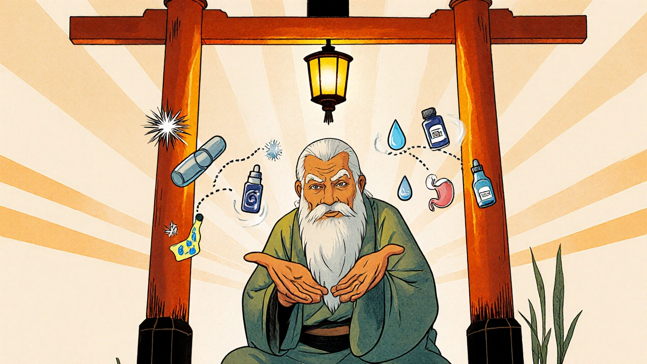 Elderly doctor under lantern at torii gate pointing to oral pill and eye‑drop pathways with side‑effect icons.