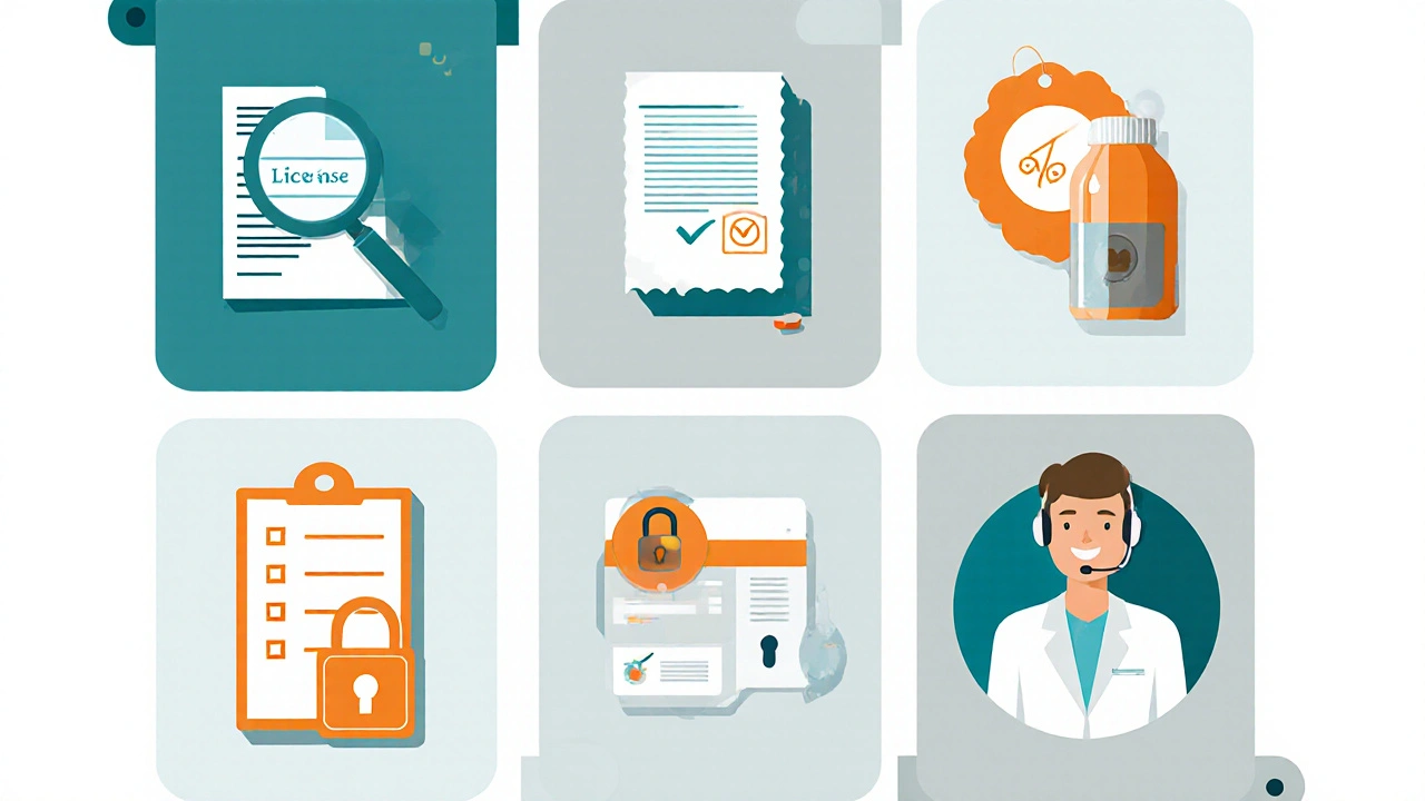 Flat illustration of a six‑point checklist for verifying online pharmacies with icons.