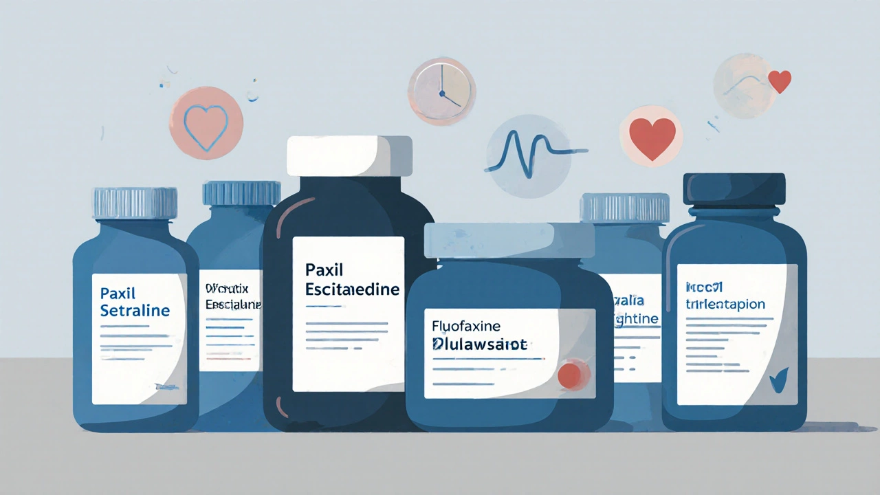 Flat‑lay of various antidepressant bottles with subtle icons indicating side effects.