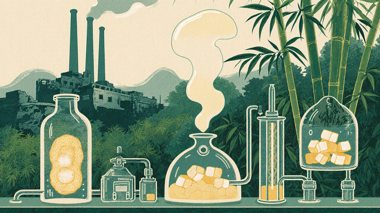 Green bacteria synthesize medicine with light instead of chemicals, while a dirty factory fades into a forest.