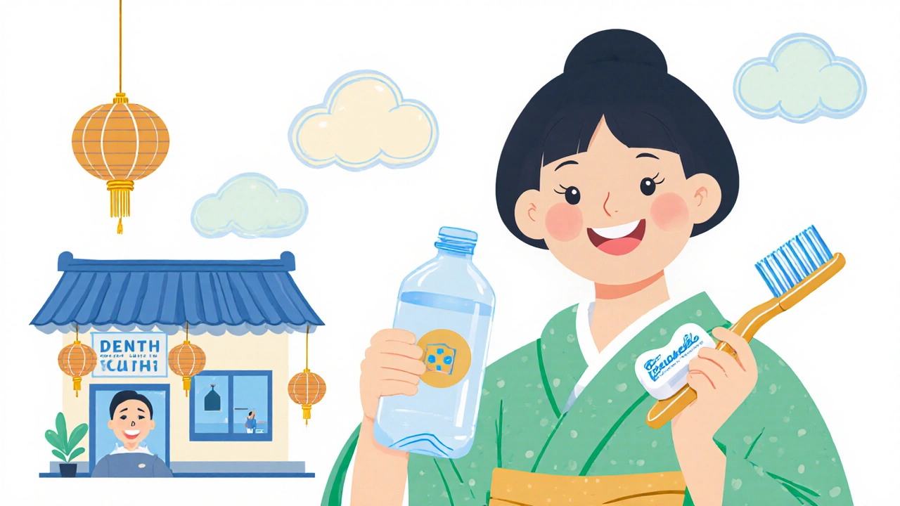 Happy figure drinking water, chewing gum, brushing teeth, and visiting a dental clinic.