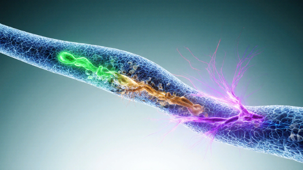 Illustrated nerve cross‑section with colored light streams for B12, B6, and B3 actions.