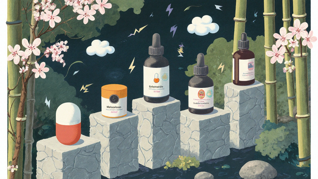 Japanese garden displaying six medication items on stone pedestals, each representing an alternative drug.