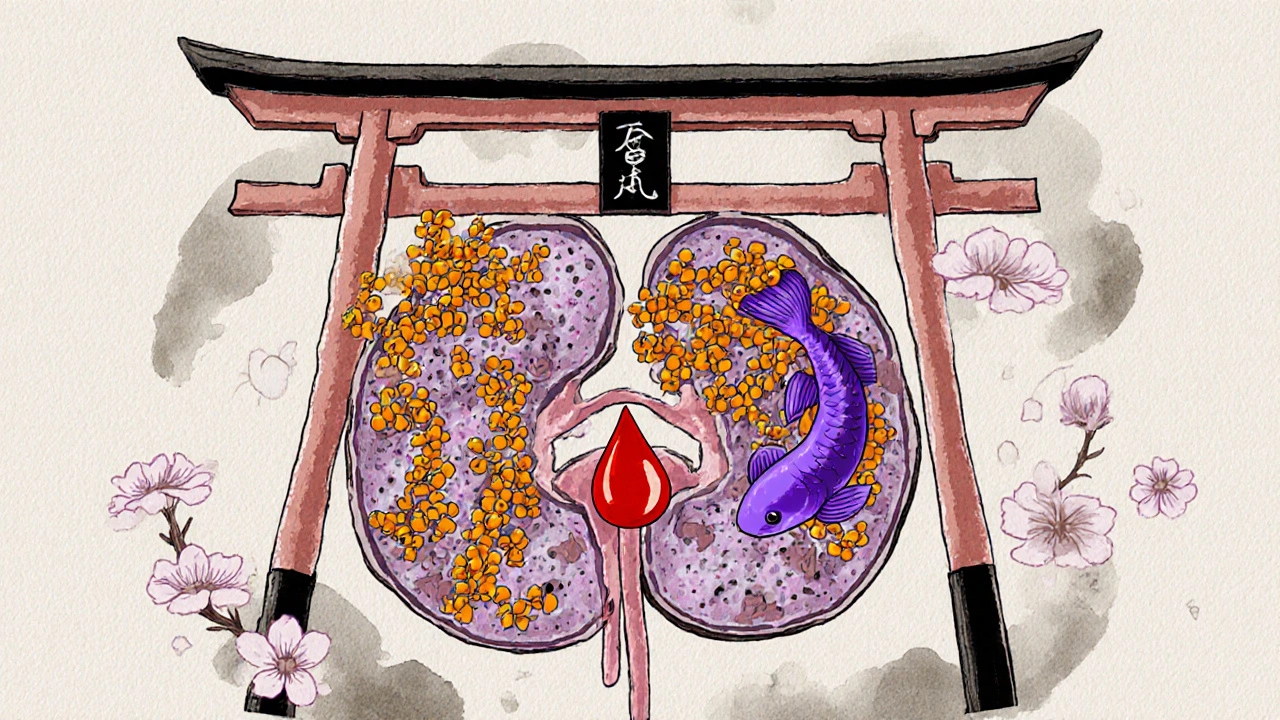Kidney cell illustration showing glycyrrhizin blocking an enzyme, cortisol entering receptor.