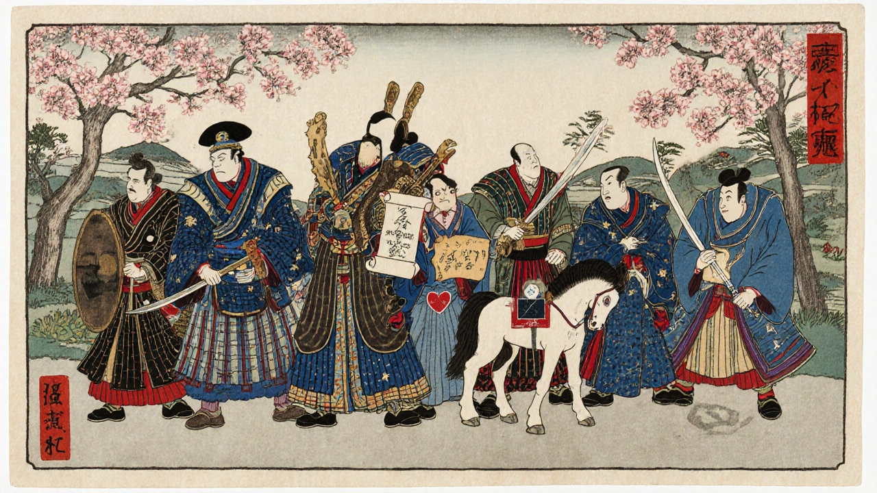 Lineup of seven drug characters with symbols of their mechanisms in ukiyo-e style.