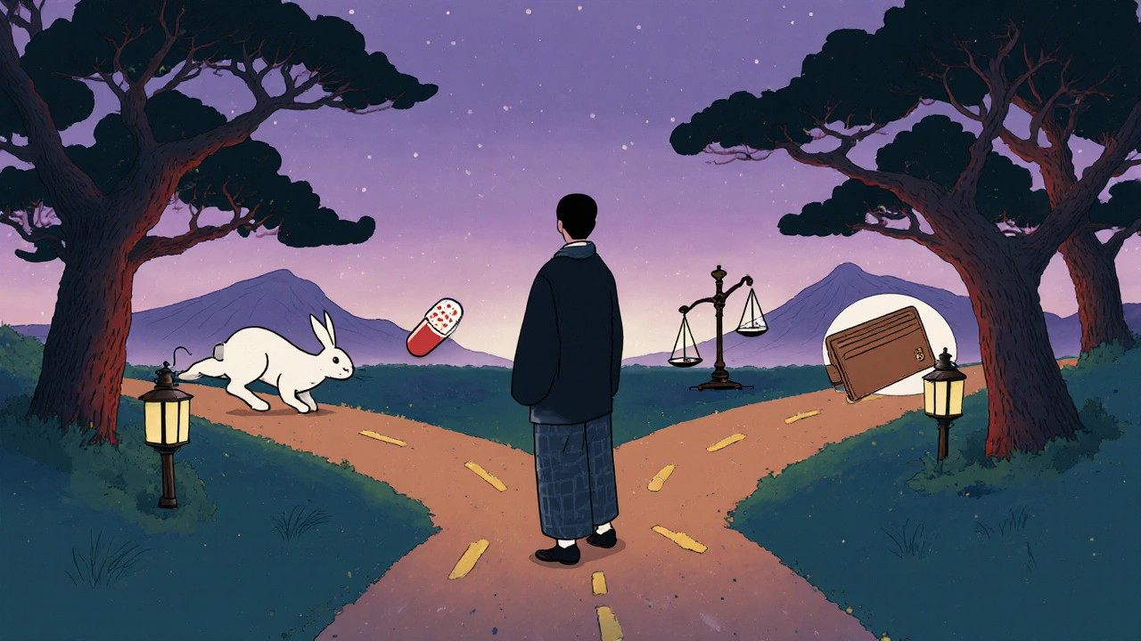 Man at a crossroads with symbolic paths representing different ED medications.