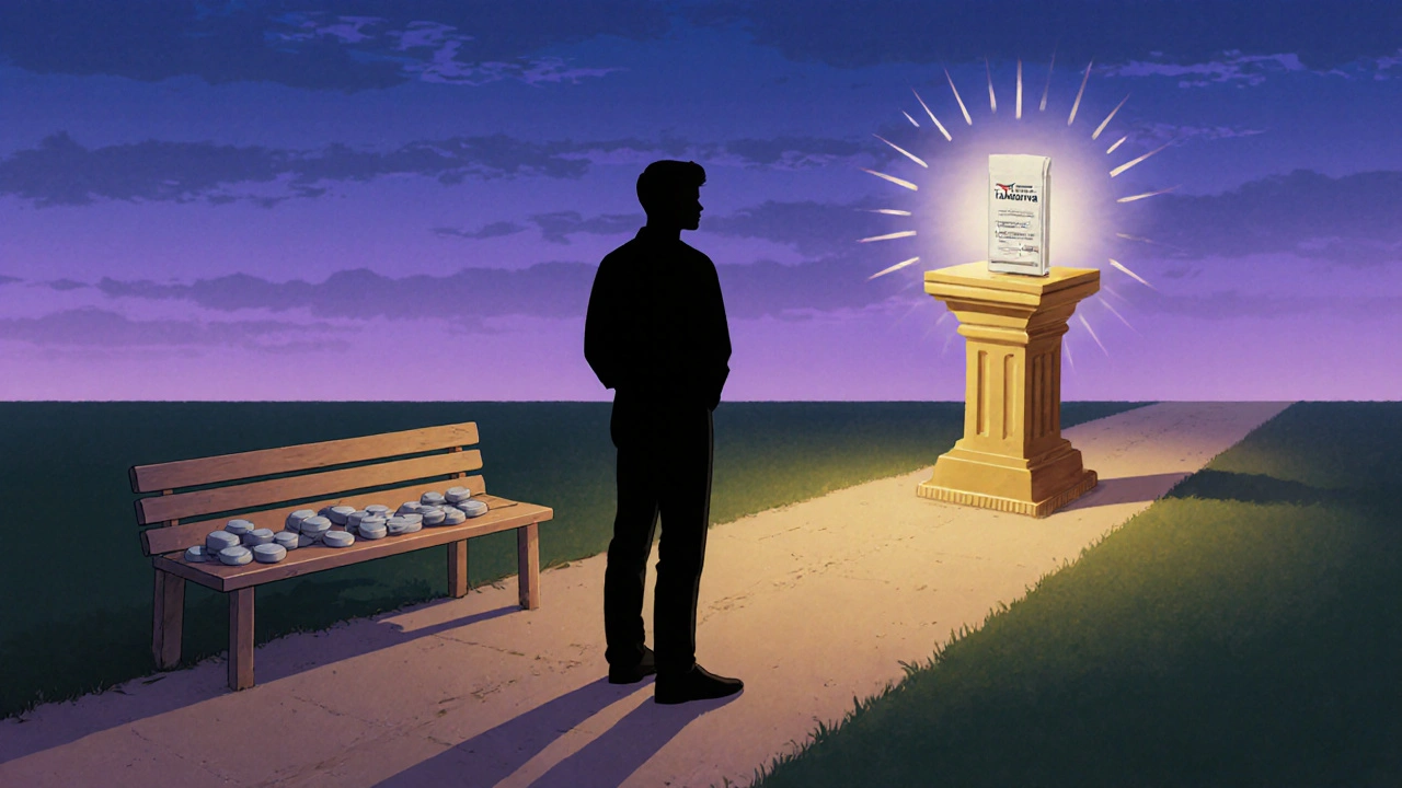 Man at dusk choosing between a bench of generic pills and a glowing Tadasiva tablet.