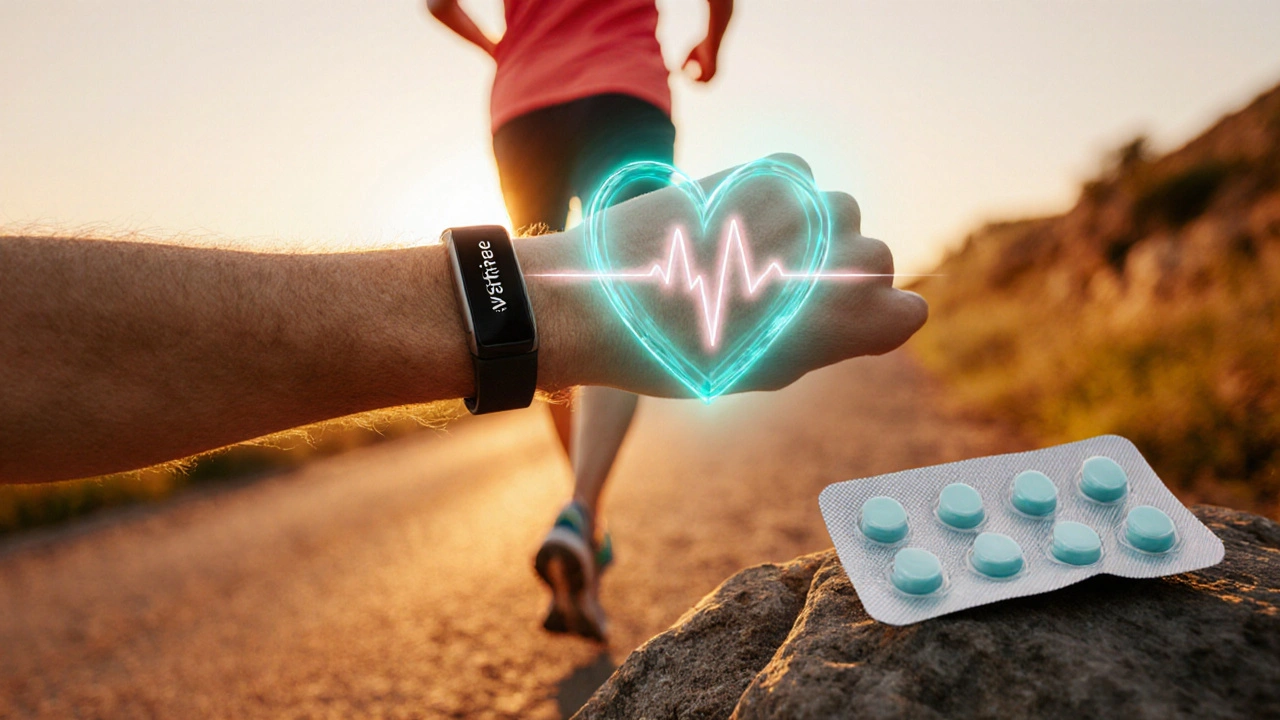 Marathon runner on a sunrise trail with a glowing heart overlay and a Vastarel blister pack nearby.