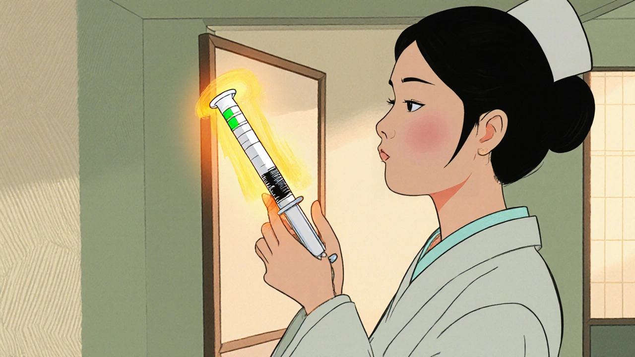 Nurse holding a smart syringe that lights up when the correct dose is drawn.