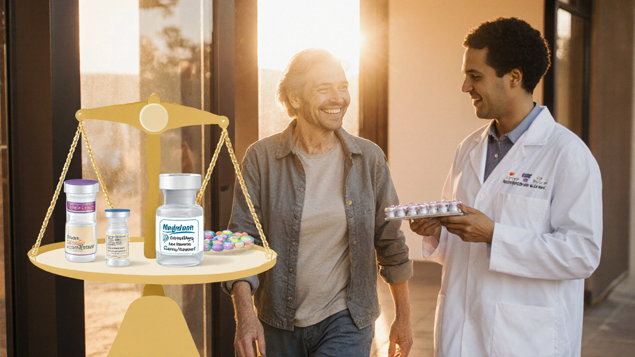 Patient leaving clinic with doctor holding Neurobion vials, balance hinting at treatment choice.