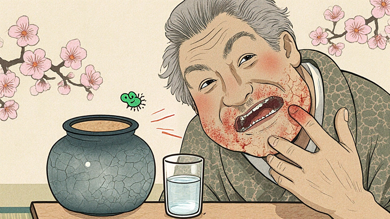 Person holding cheek, showing dry cracked mouth and inflamed gums with water nearby.