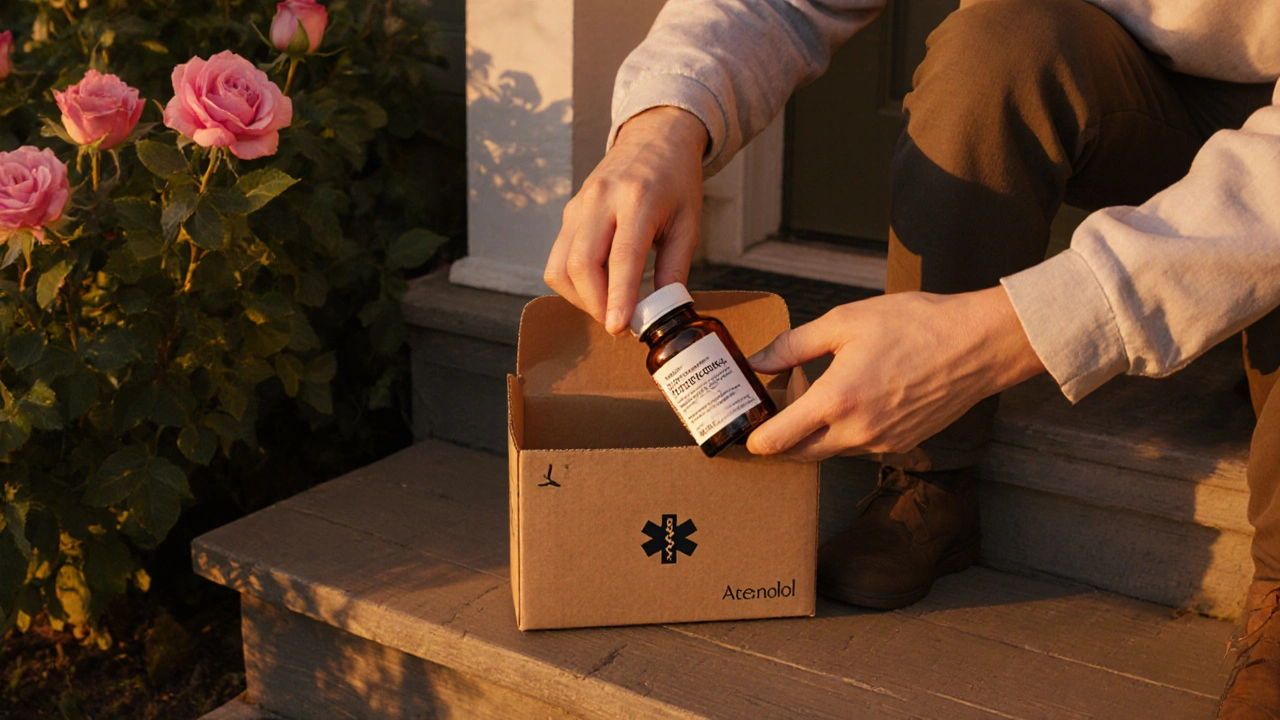 Person opens a discreet package on a Victoria porch, revealing a bottle of generic atenolol.