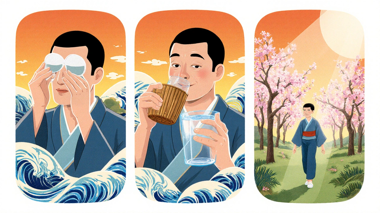 Person performs warm compress, drinks water, and exercises in a sunrise garden.