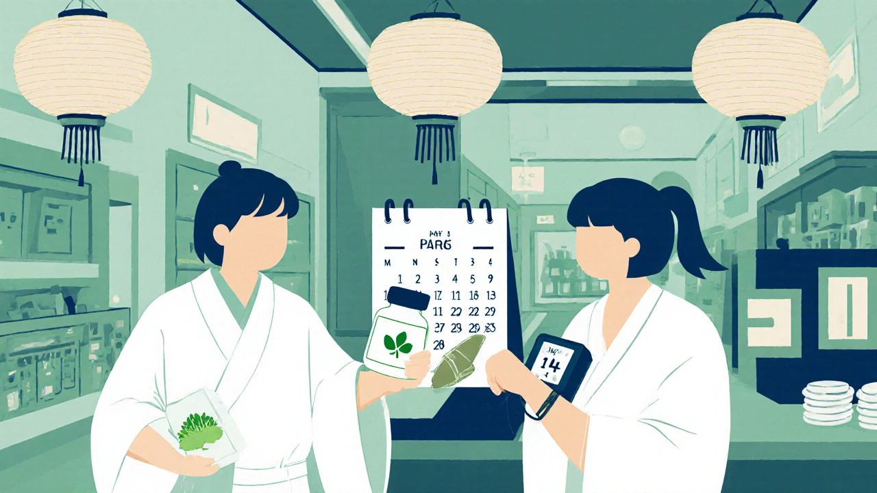 Pharmacist giving a patient a licorice‑marked bottle, patient checking blood pressure, calendar.