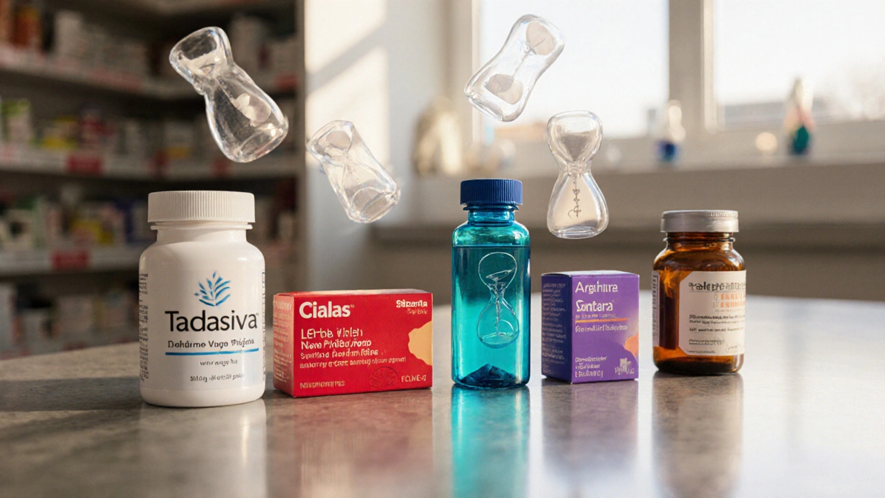 Pharmacy counter with bottles of Tadasiva, Viagra, Cialis, Stendra, Levitra, and L‑arginine.