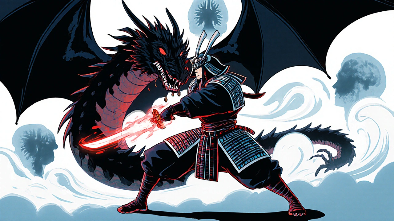 Samurai‑like spirit fighting a dark dragon representing advanced melanoma.