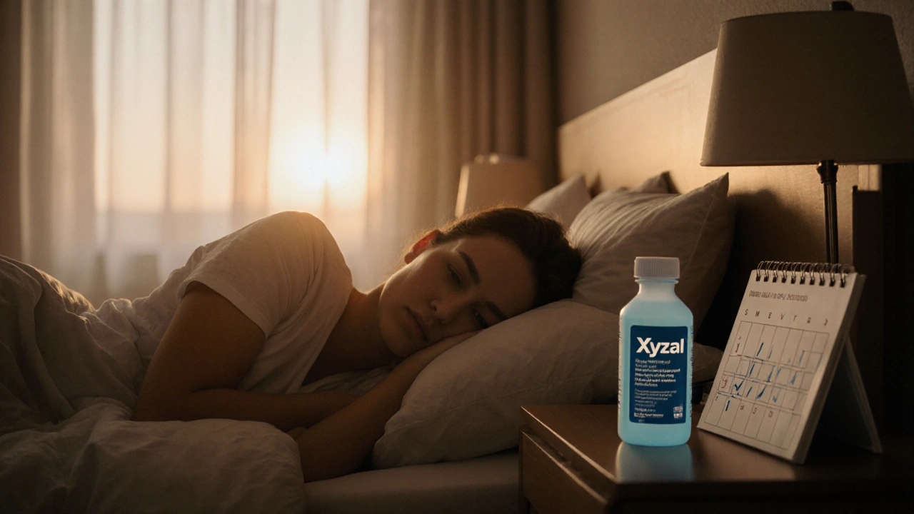 Serene bedroom at sunrise with a sleeper and an Xyzal bottle on the nightstand.