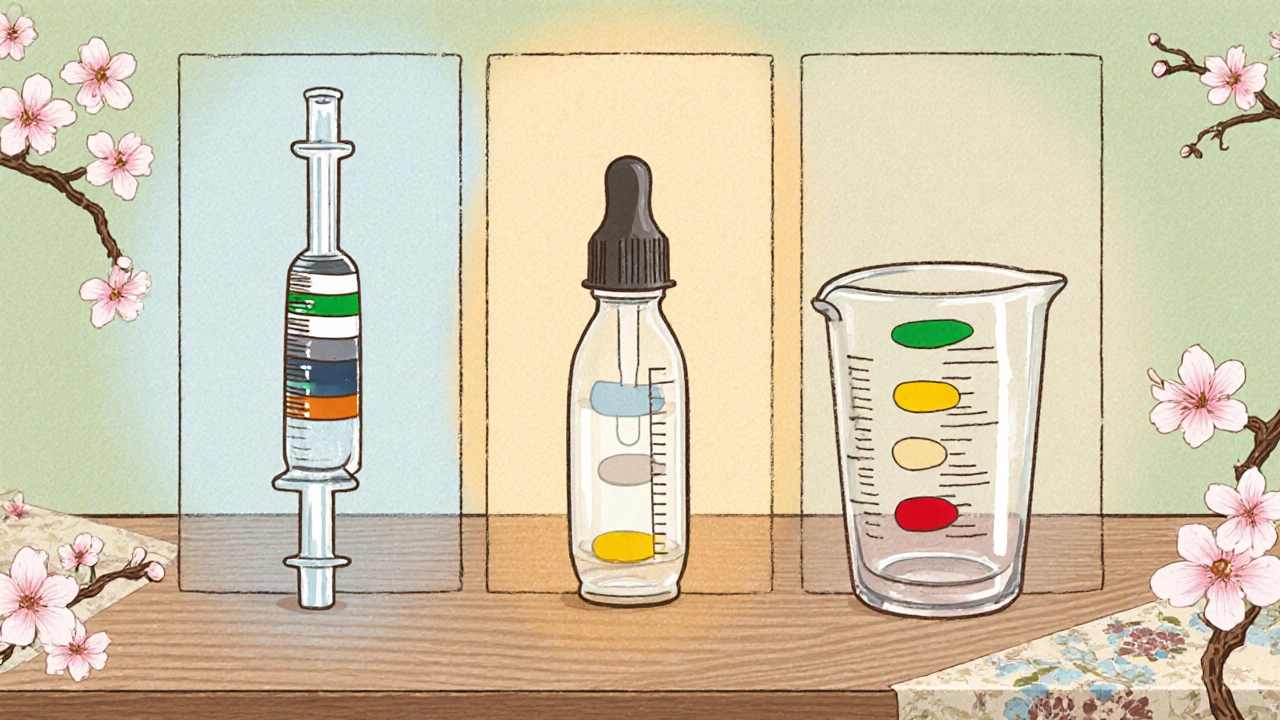 Side‑by‑side visual syringe, dropper, and measuring cup with colour zones on a table.