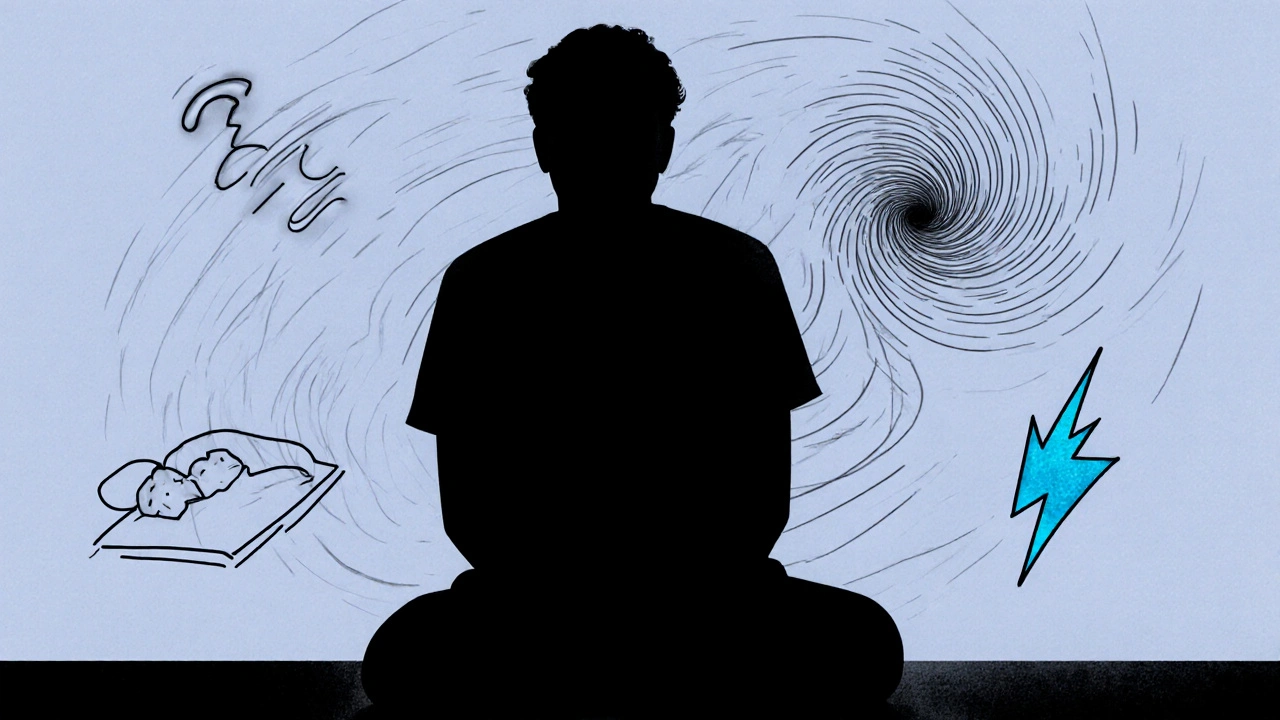 Silhouette surrounded by icons for dizziness, sleep issues, and blue brain‑zap flash.