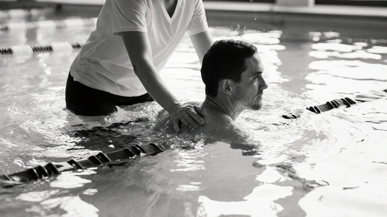 Therapist guiding an MS client in a pool exercise with a resistance band.