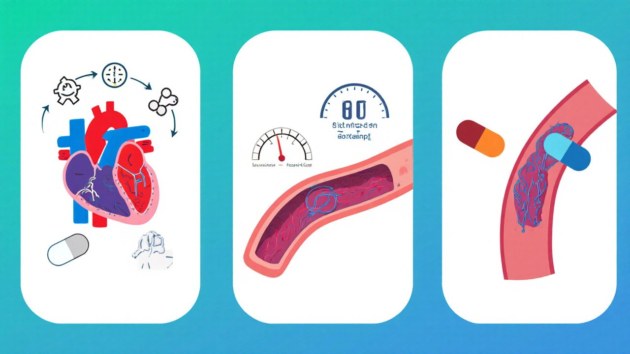 Three-panel illustration comparing metabolic modulation, heart‑rate reduction, and vasodilation mechanisms using icons and pills.