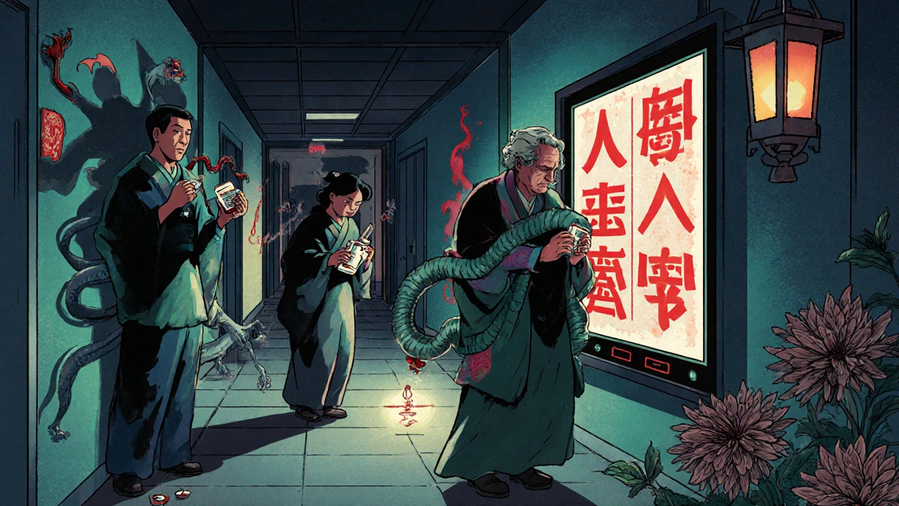 Three people with medications haunted by alcohol demons in a hospital hallway, ukiyo-e style.