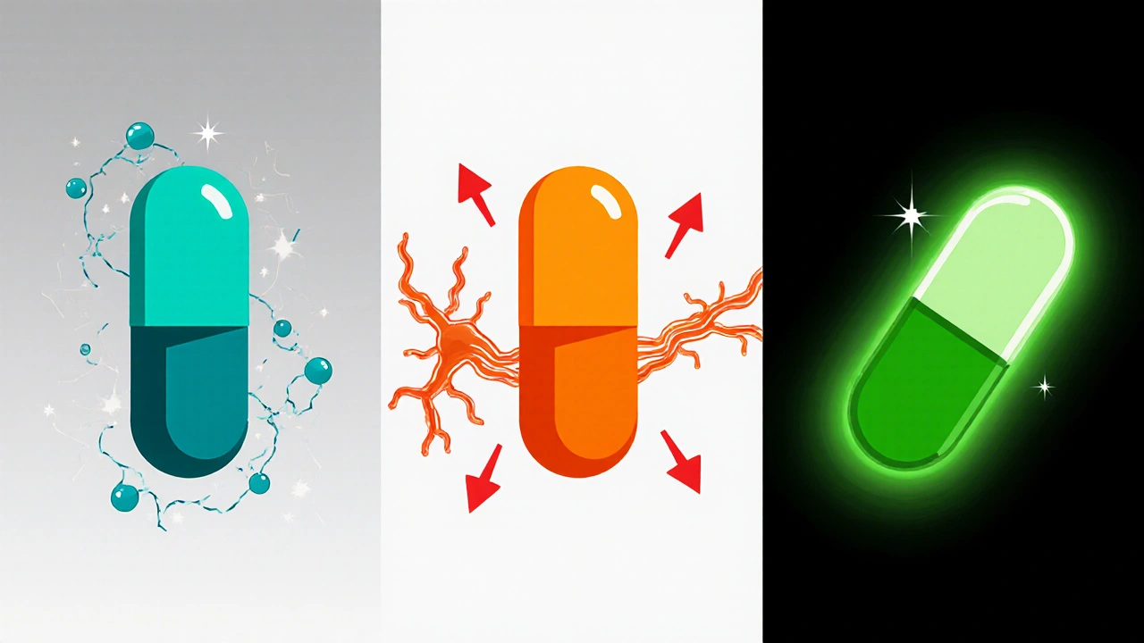 Three styled capsules representing SSRI, SNRI, and NDRI with corresponding molecular symbols.