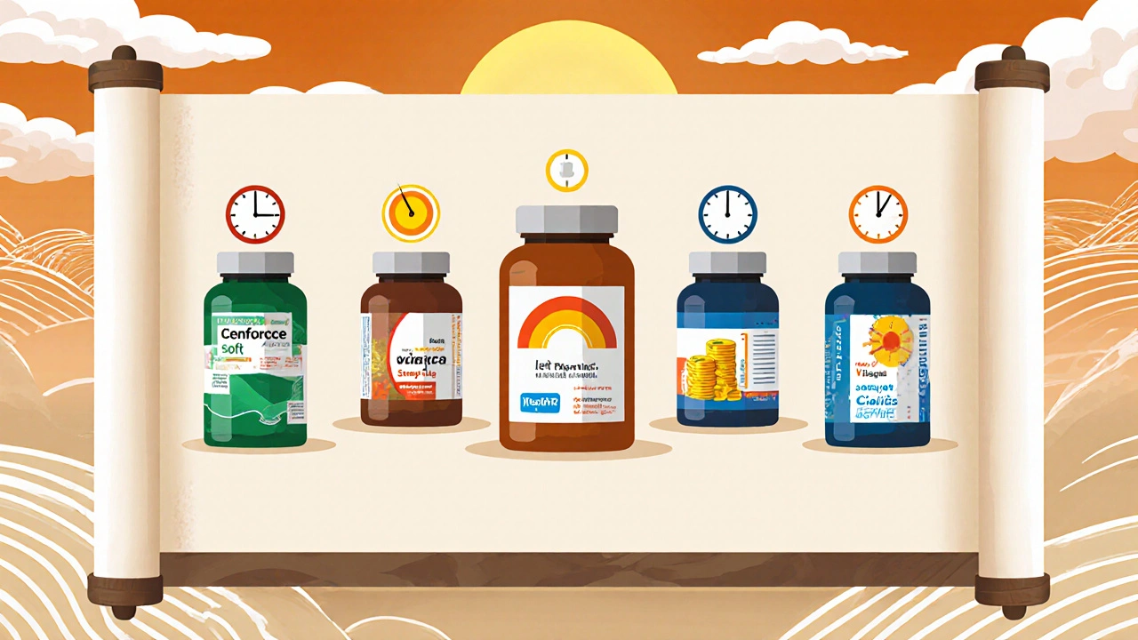 Traditional scroll showing five pill bottles with visual cues for onset, duration, and price.