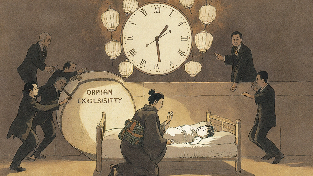 A child in bed with a seven-year clock above, shielded by orphan exclusivity while patents expire in the background.