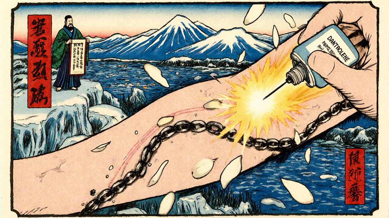 A dantrolene injection releasing golden light as muscle chains shatter into petals, with icy mountains in the background.