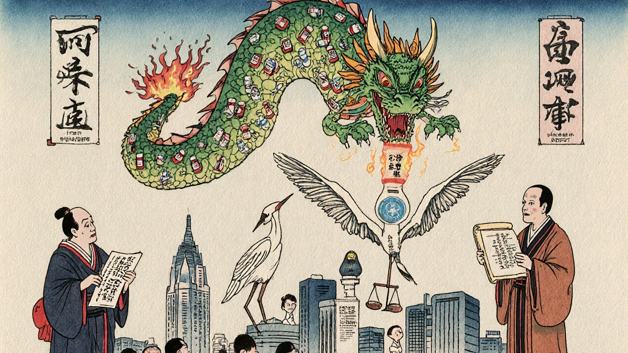 A dragon of pill bottles breathes high prices as patients reach for hope, with symbolic balance scale of access and profit.