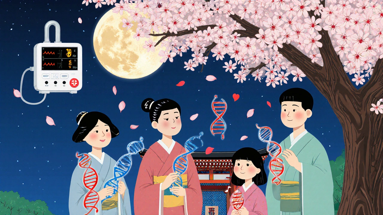 A family under a plum tree holding gene strands, with a moon-shaped monitor flashing warnings and a medical alert bracelet falling.
