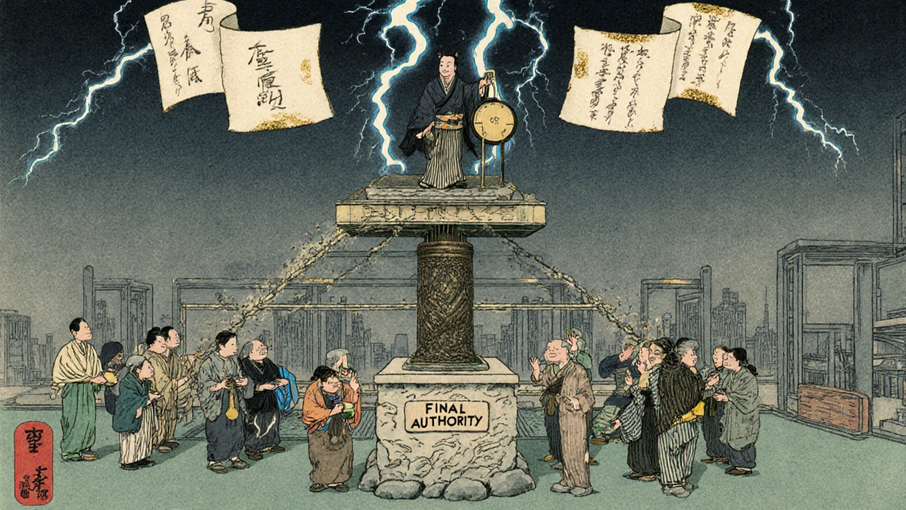 A hierarchical tree shows production pressure below, with a solitary official holding final authority above.