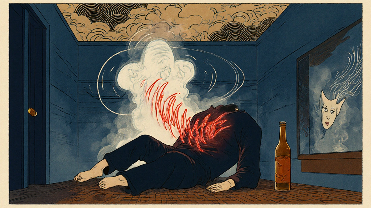 A man collapsed on the floor, red lactic acid waves radiating, metformin and beer bottles nearby.