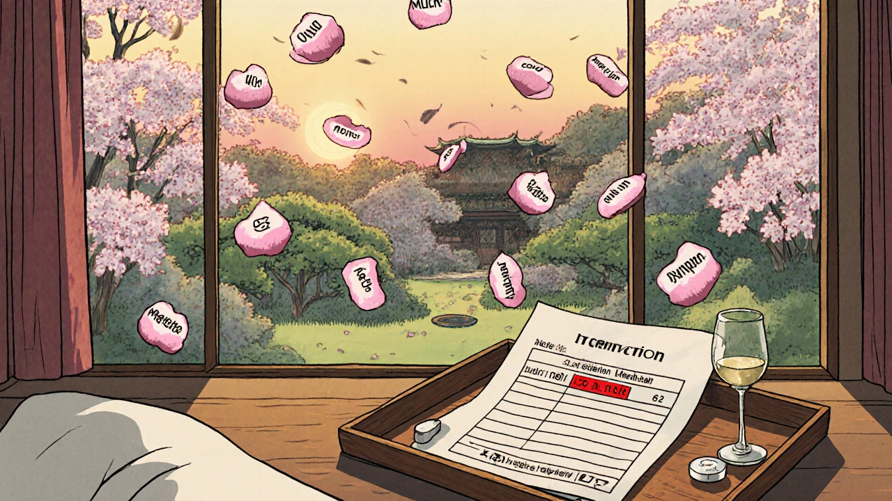 A medical tray with metformin pill, wine glass, and blood test showing high lactate, plum blossoms falling.