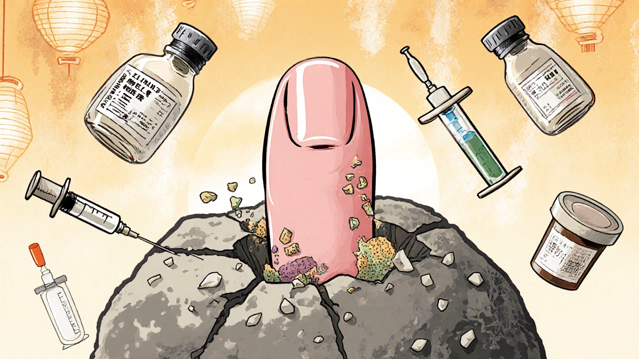 A nail growing from cracked stone, half healthy, half crumbling, surrounded by medical tools in traditional Japanese art style.