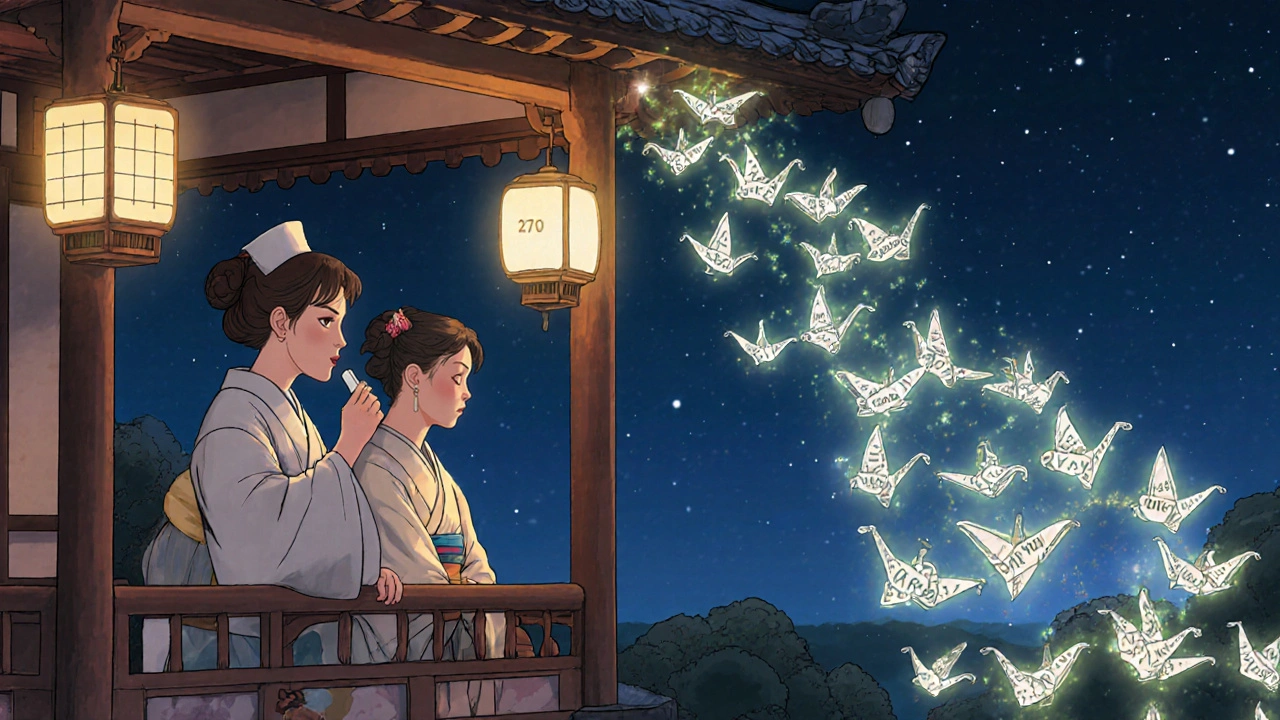 A nurse watching a patient take a pill, with 270 paper cranes forming a protective chain of medication molecules.