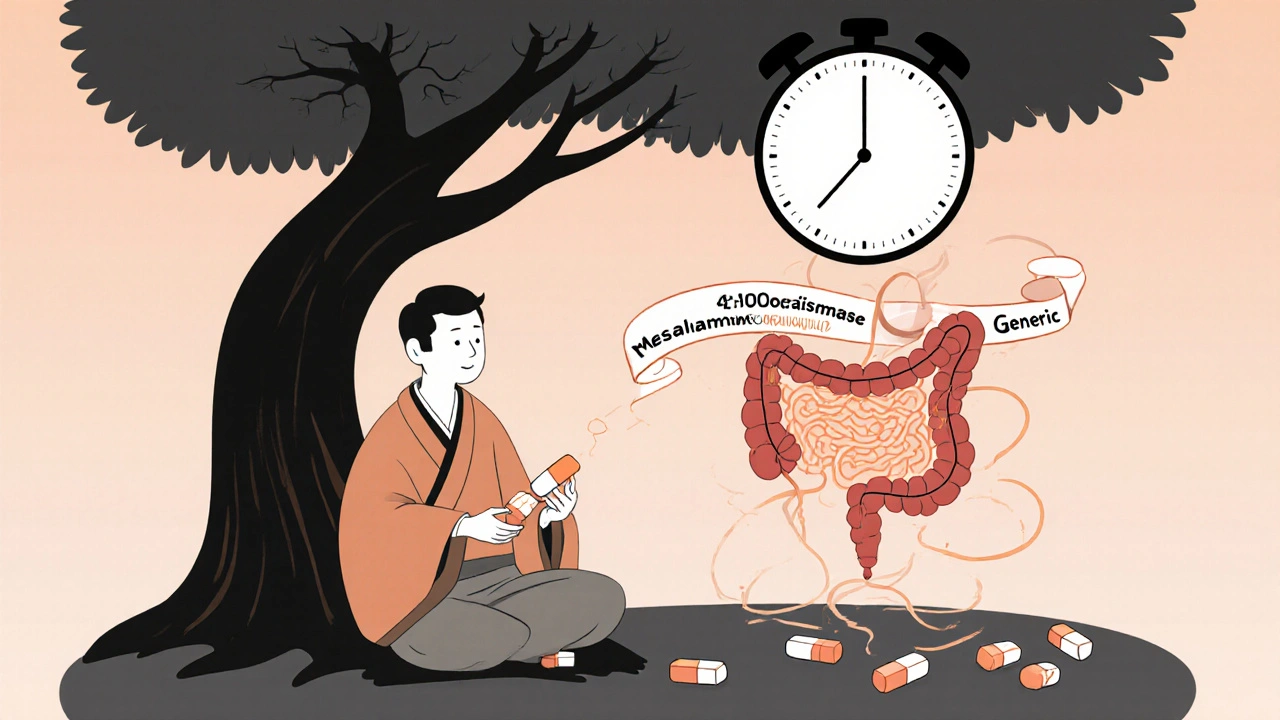 A patient takes Apriso under a bonsai tree, with a glowing 24-hour clock spreading mesalamine through a silk-scroll colon.