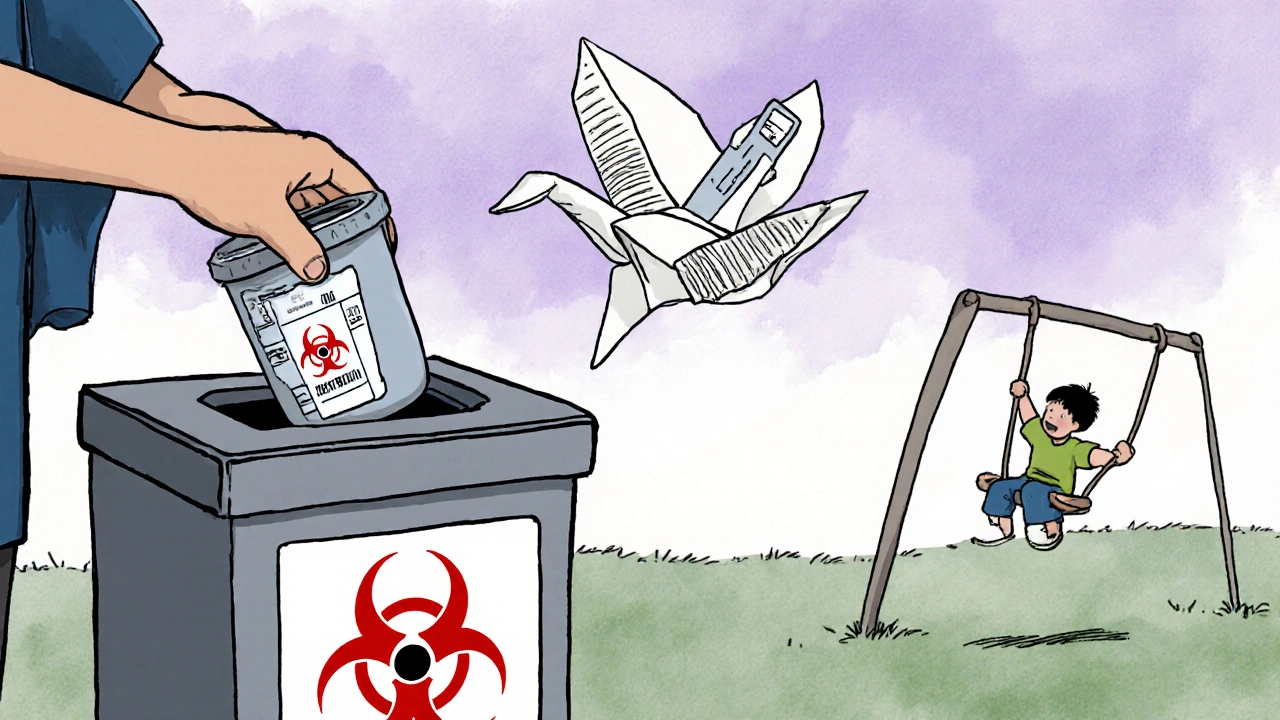 A person drops a full sharps container into a pharmacy drop-off bin while a mail-back kit floats like a paper crane.