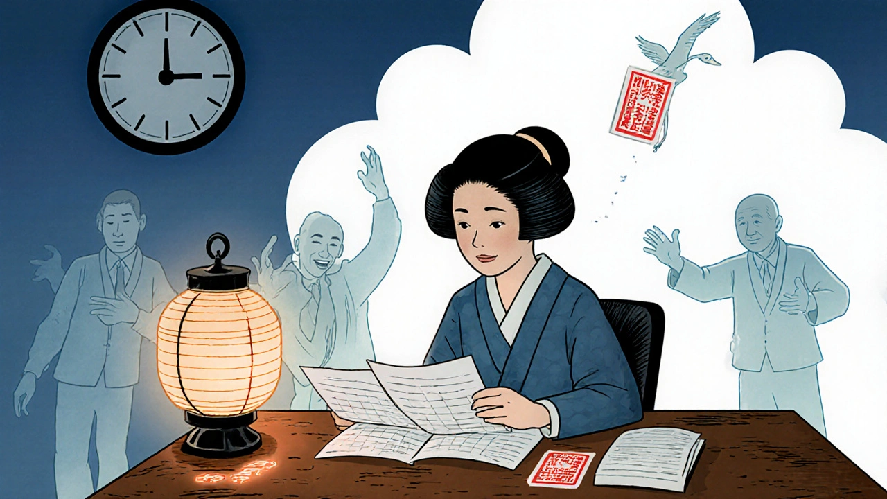 A quality lead reviews batch records under a lantern, while ghostly managers pull her toward a deadline clock.